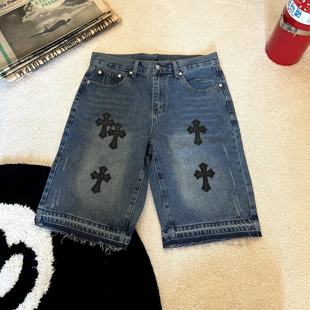 Chrome Hearts Jorts with embroidered leather crosses